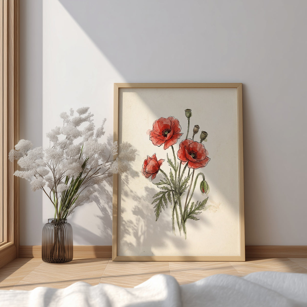 Poster featuring red poppies and seed pods illustrated in a delicate vintage botanical style.