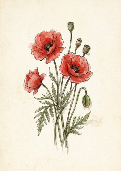 Poster featuring red poppies and seed pods illustrated in a delicate vintage botanical style.