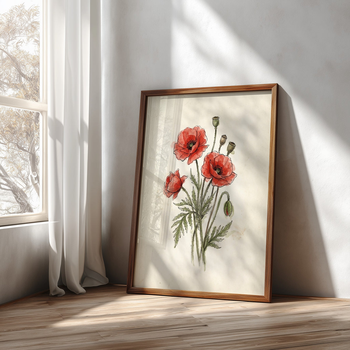 Poster featuring red poppies and seed pods illustrated in a delicate vintage botanical style.