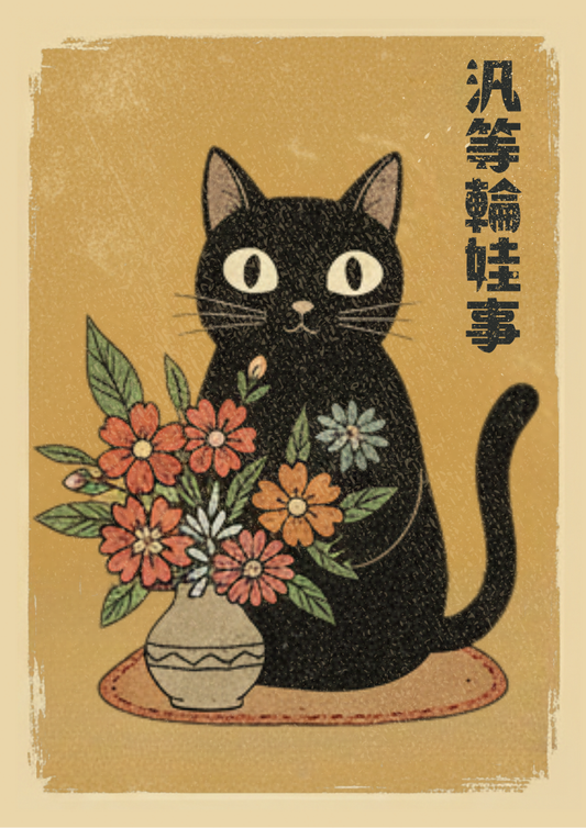 Illustration of a black cat with flowers on a beige background