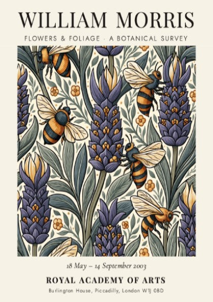 William Morris poster featuring vibrant flowers and foliage in botanical art style