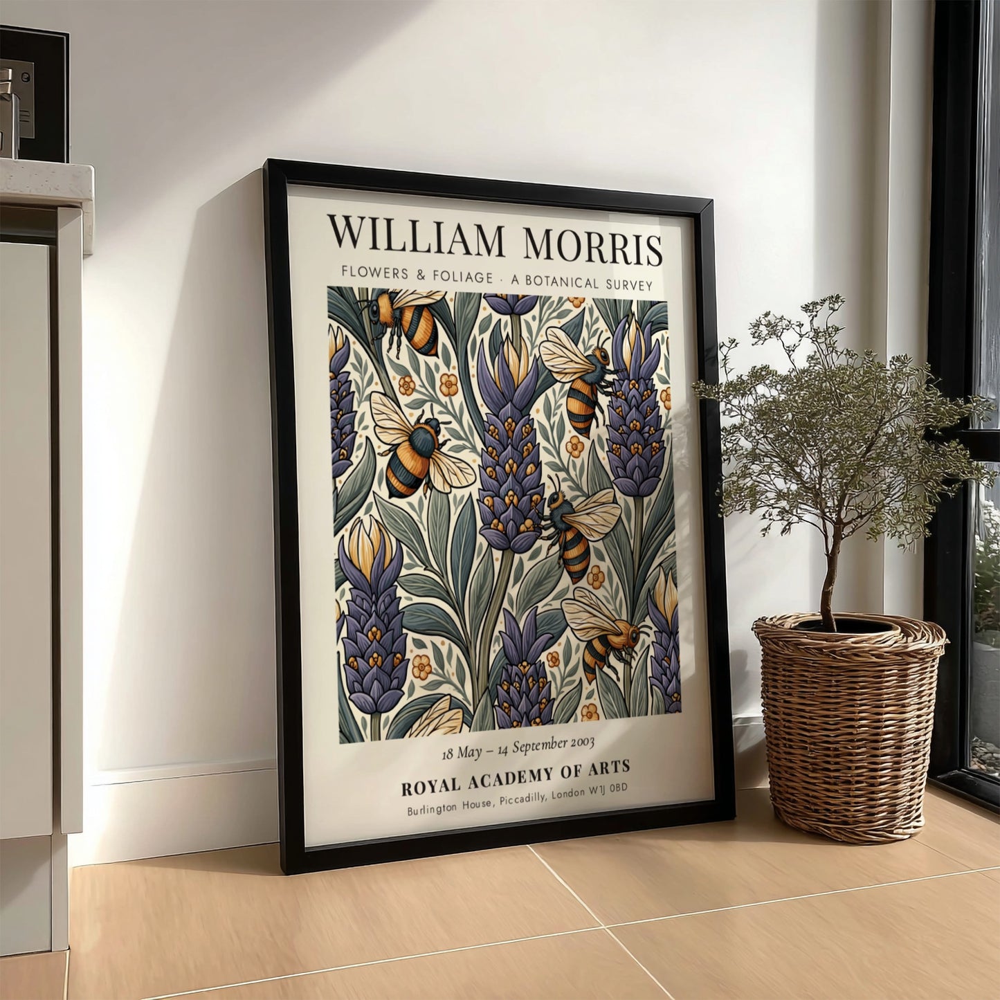William Morris poster featuring vibrant flowers and foliage in botanical art style