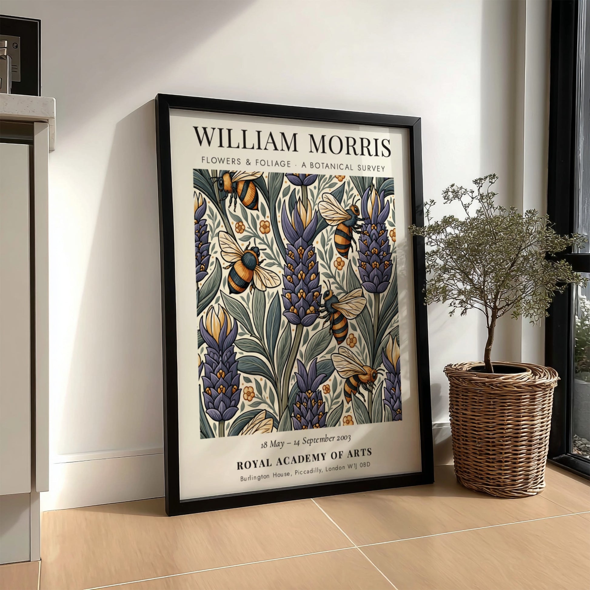 William Morris poster featuring vibrant flowers and foliage in botanical art style