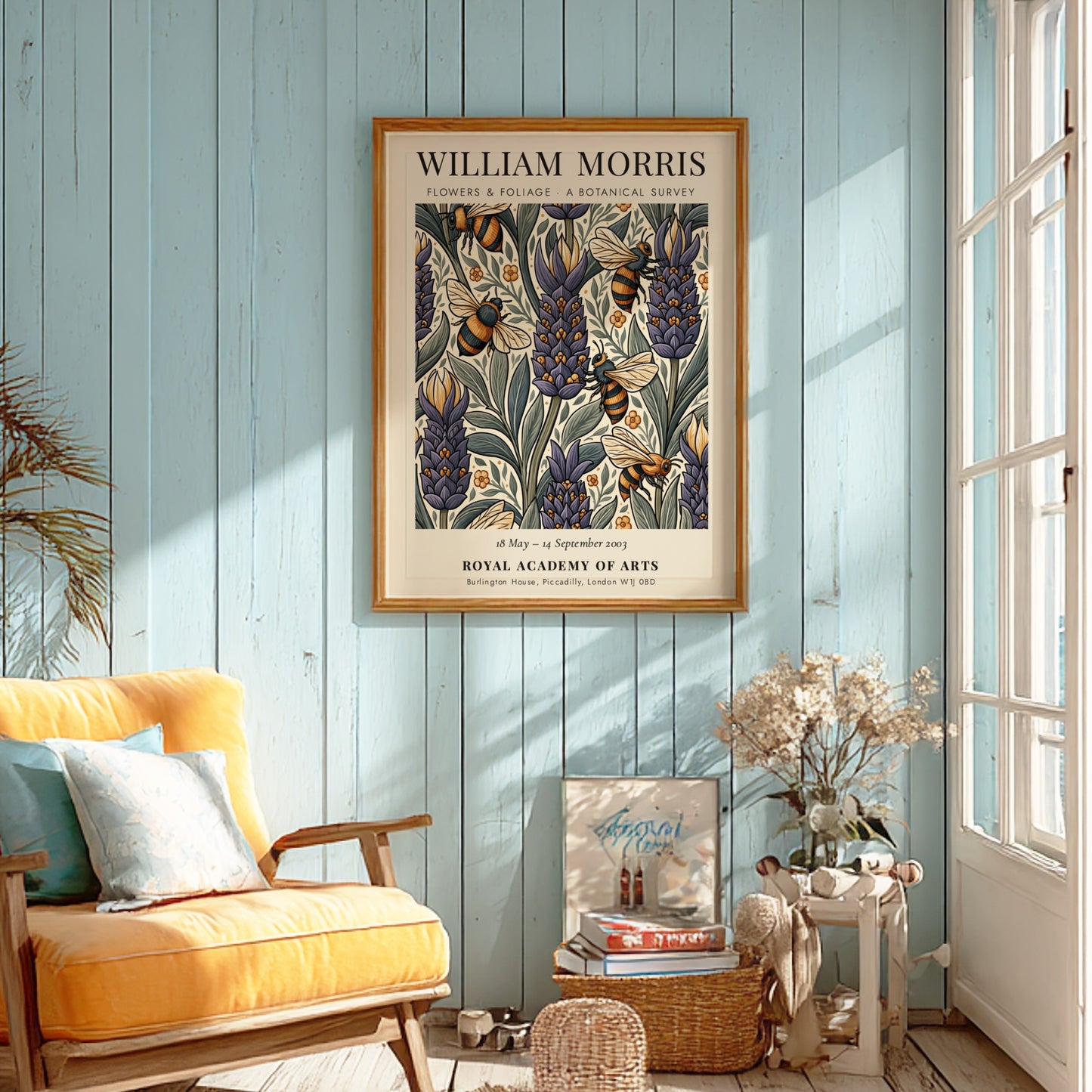 William Morris poster featuring vibrant flowers and foliage in botanical art style