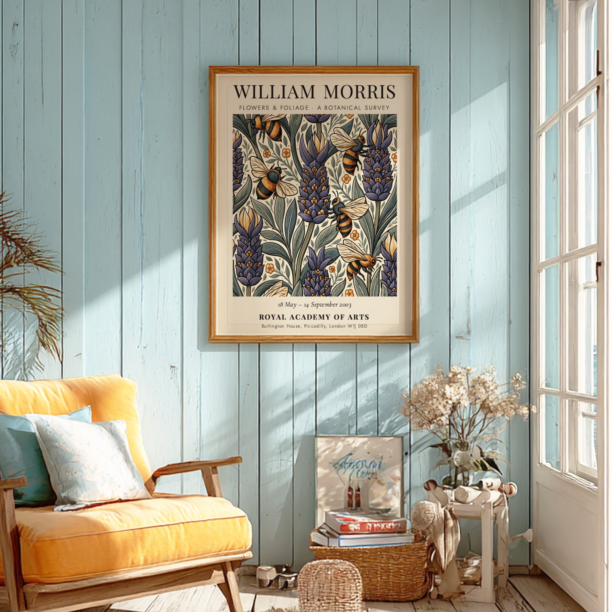 William Morris poster featuring vibrant flowers and foliage in botanical art style