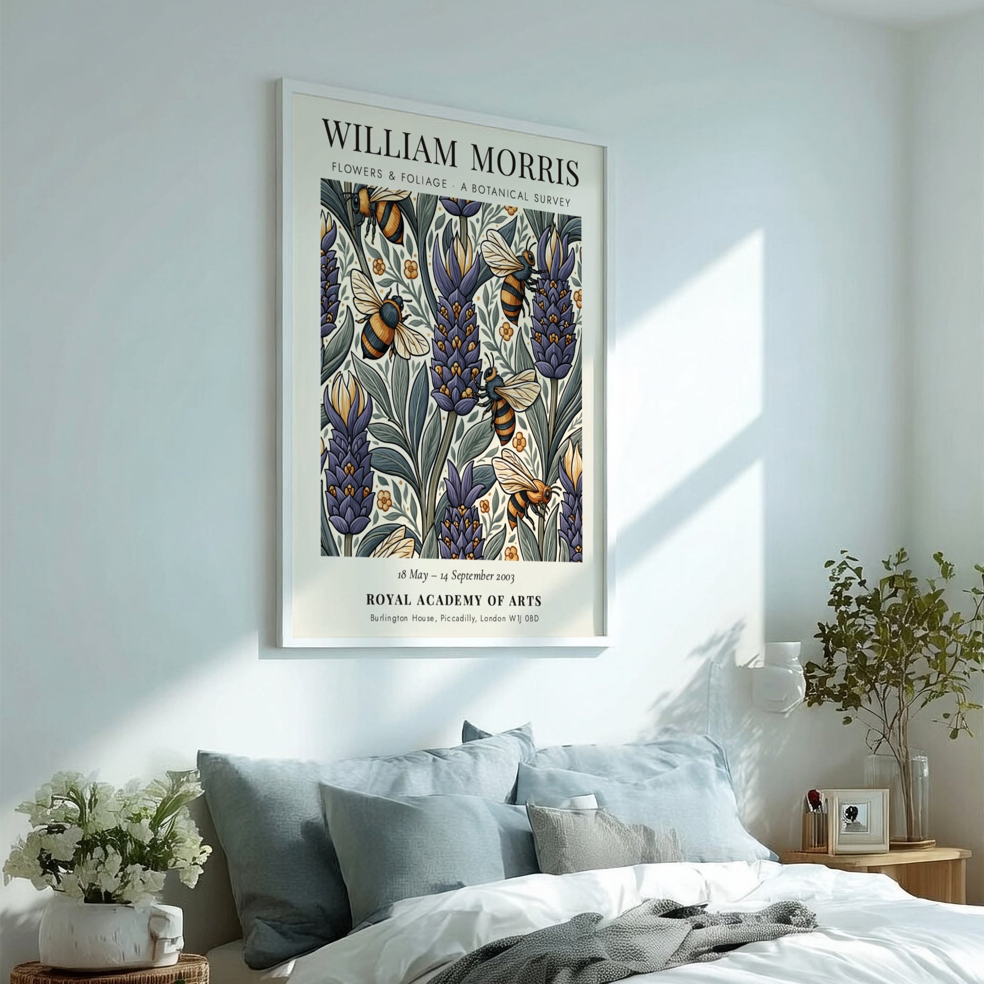 William Morris poster featuring vibrant flowers and foliage in botanical art style