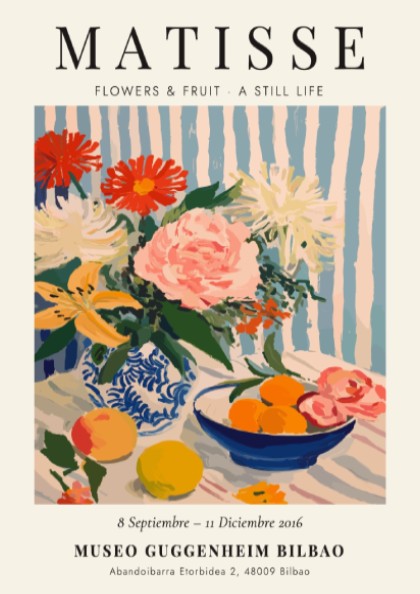 Henri Matisse poster featuring vibrant flowers and fruit in a still life style, perfect for home decor and