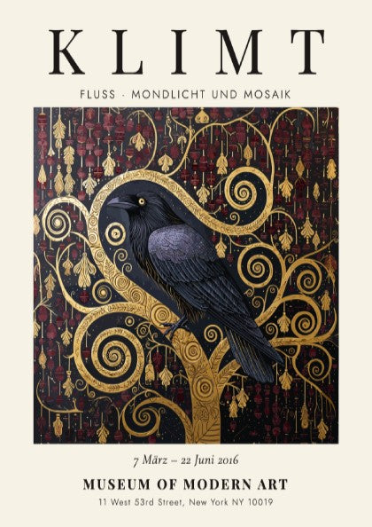 Fluss - Mondlicht und Mosaik poster featuring a black crow and gold patterns, inspired by Gustav Klimt's