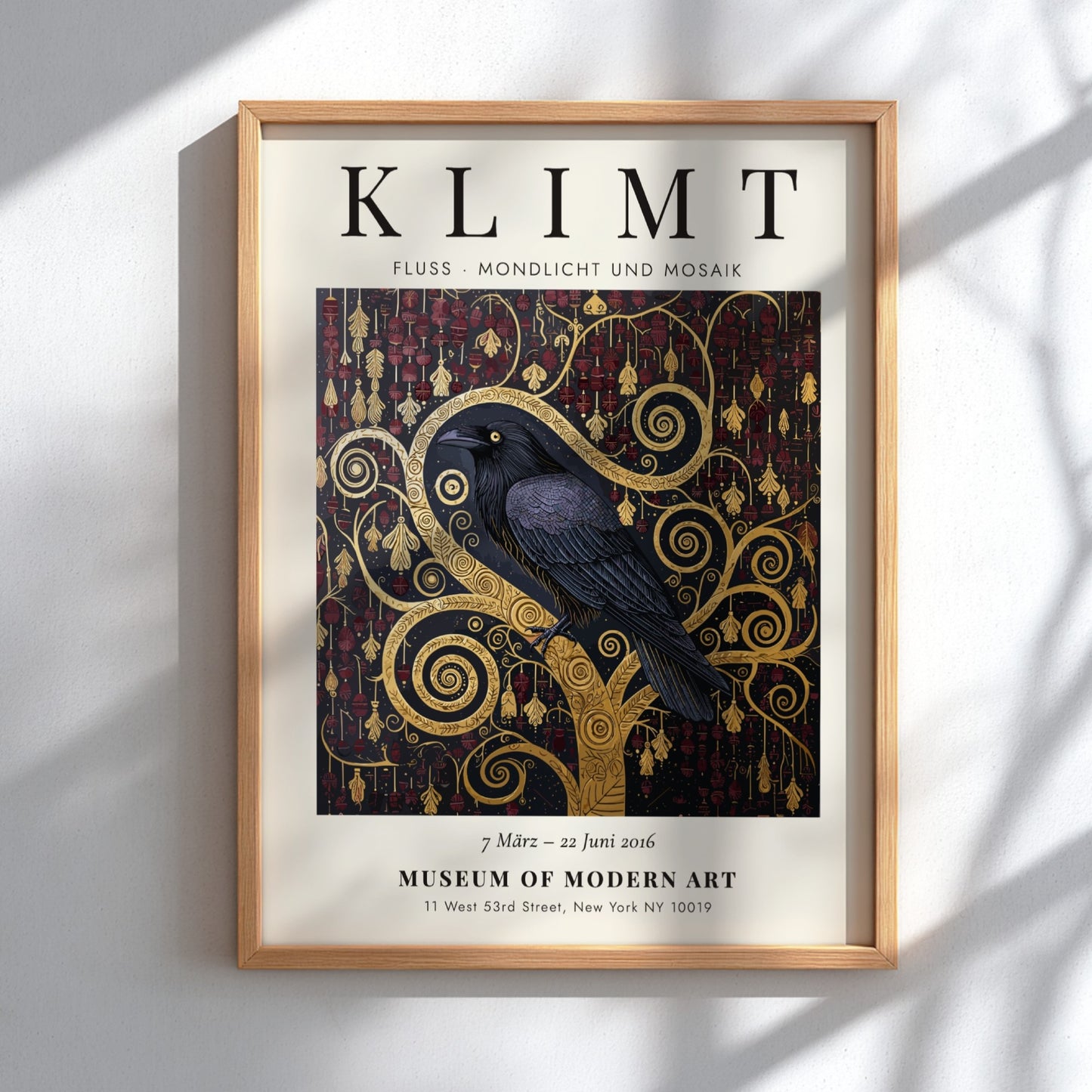 Fluss - Mondlicht und Mosaik poster featuring a black crow and gold patterns, inspired by Gustav Klimt's