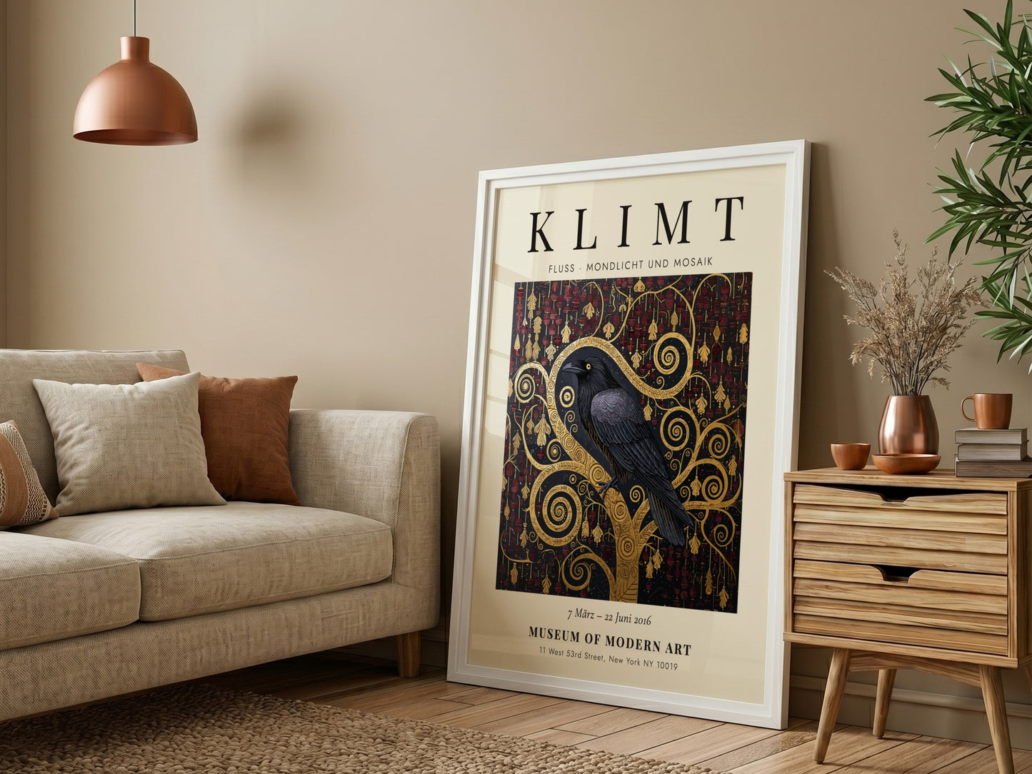 Fluss - Mondlicht und Mosaik poster featuring a black crow and gold patterns, inspired by Gustav Klimt's