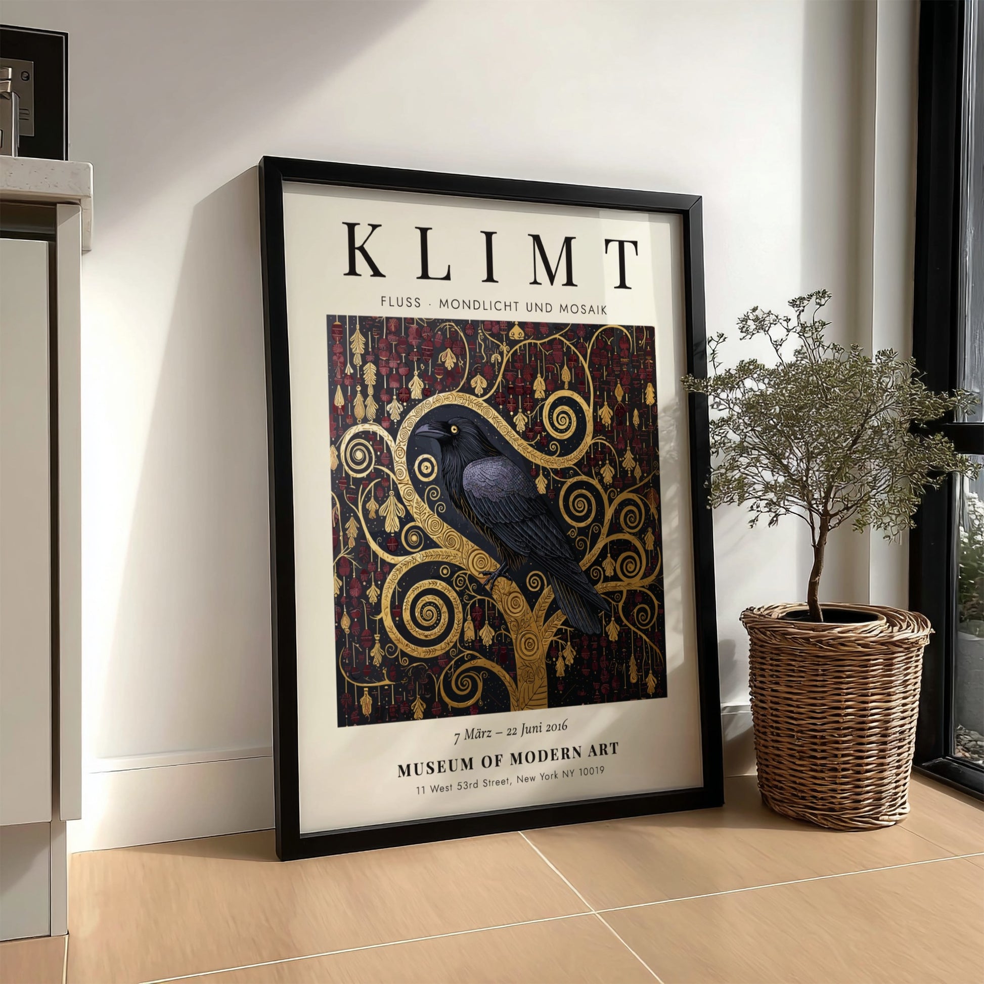 Fluss - Mondlicht und Mosaik poster featuring a black crow and gold patterns, inspired by Gustav Klimt's