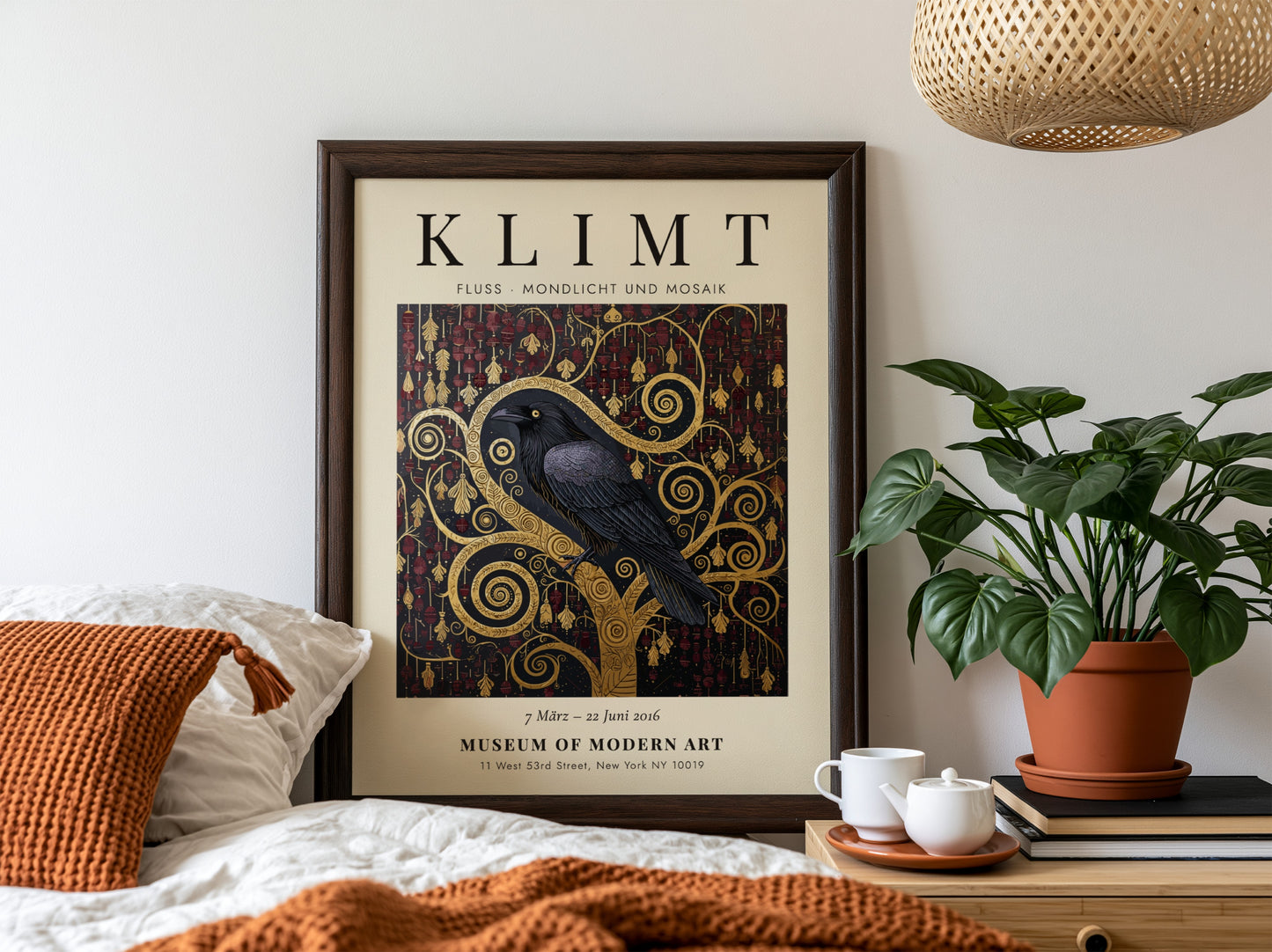 Fluss - Mondlicht und Mosaik poster featuring a black crow and gold patterns, inspired by Gustav Klimt's