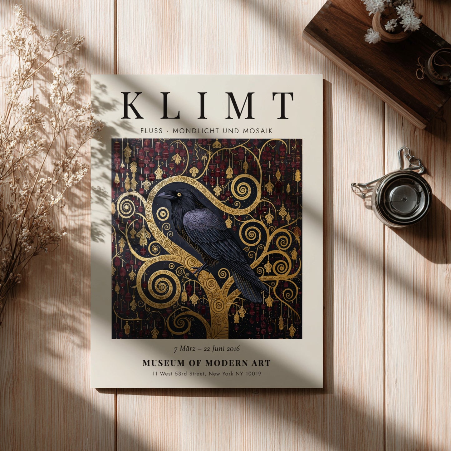 Fluss - Mondlicht und Mosaik poster featuring a black crow and gold patterns, inspired by Gustav Klimt's