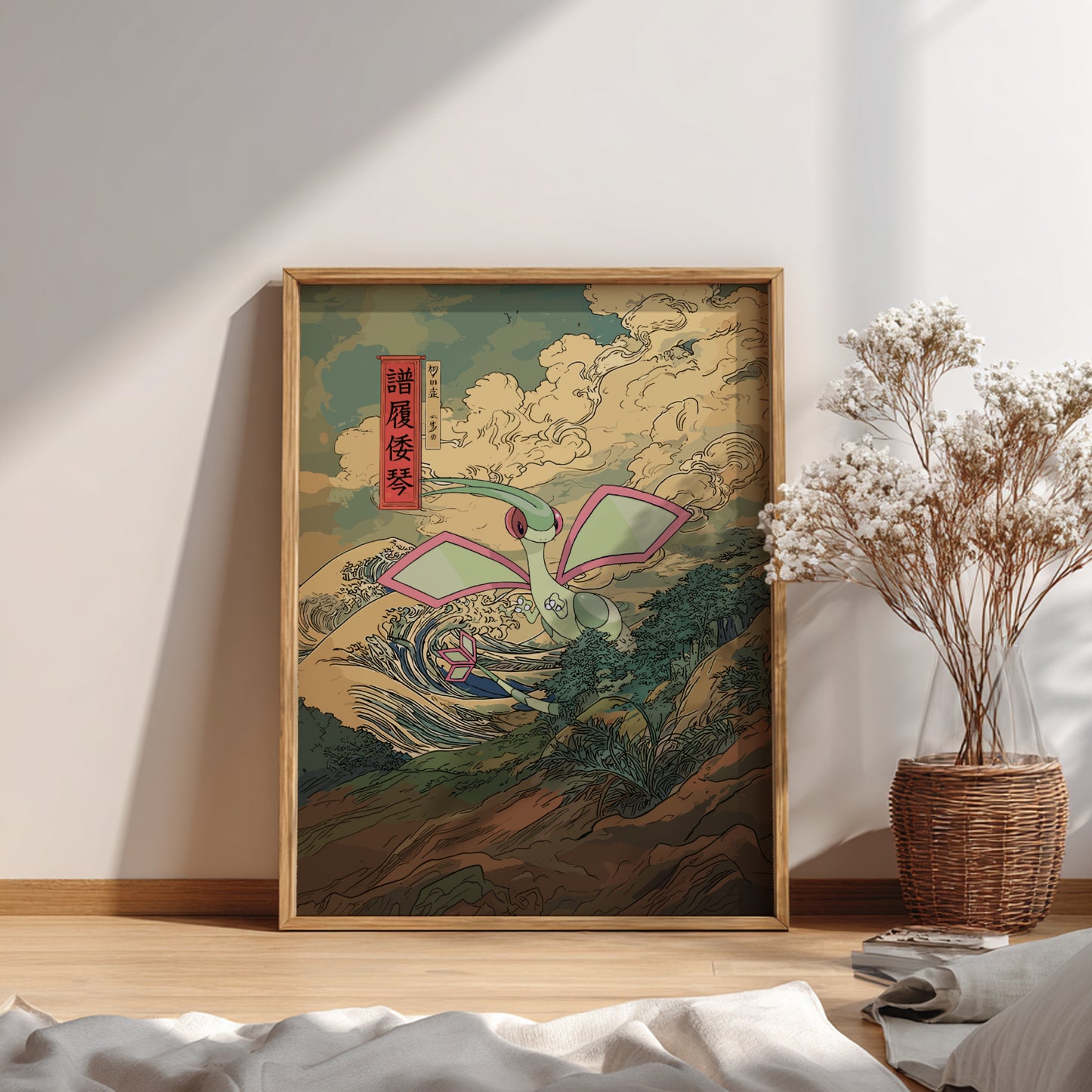 Framed artwork of Flygon Pokemon on a wall in a room.