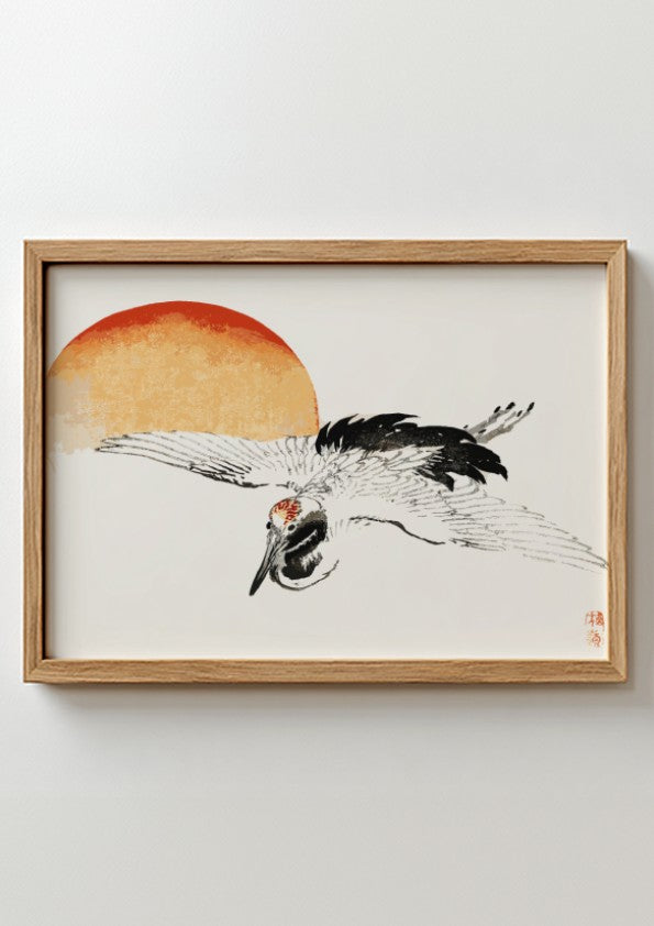 Framed print of a flying crane by Kōno Bairei, featuring Japanese ink art style, sunset, and vintage poster