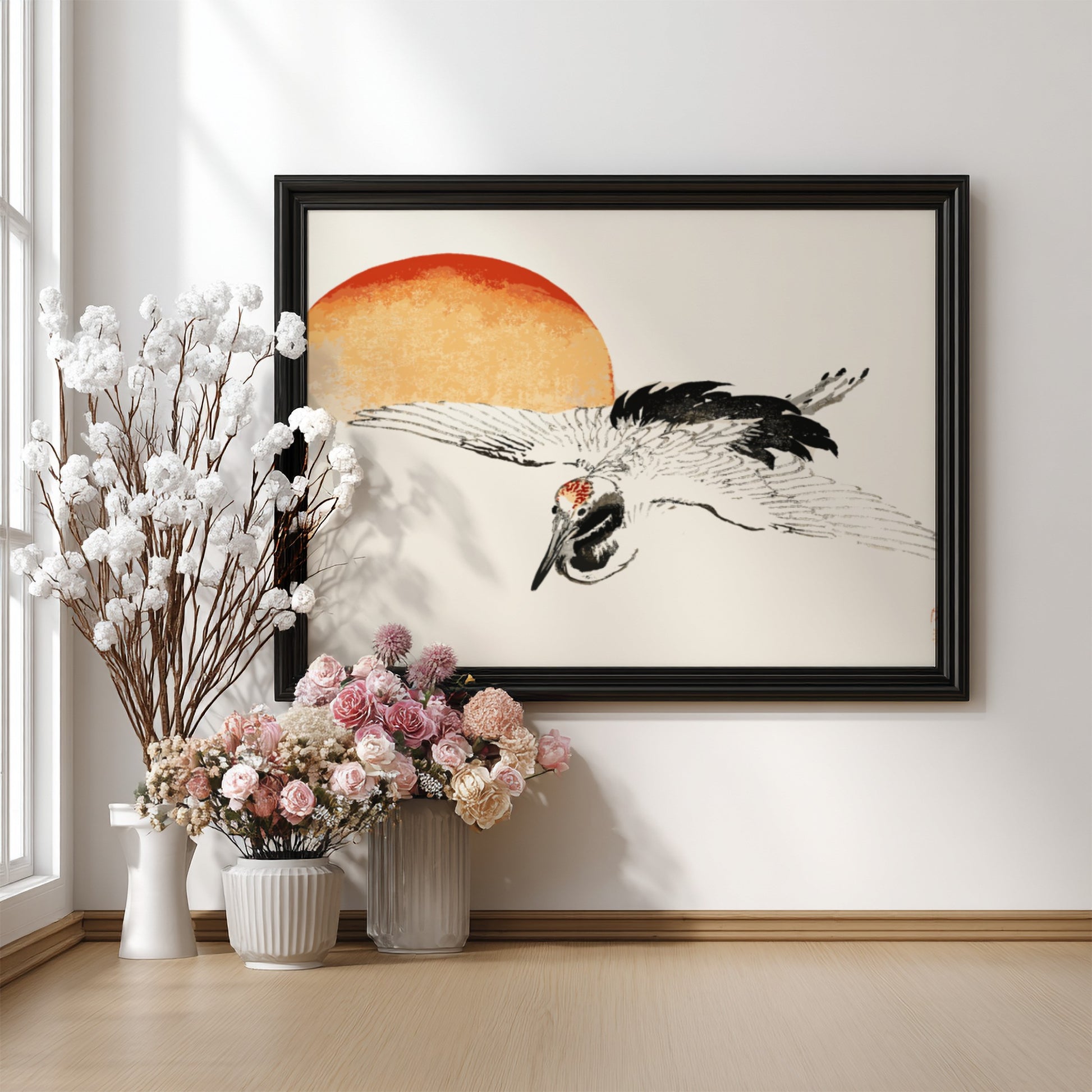 Framed print of a flying crane by Kōno Bairei, featuring Japanese ink art style, sunset, and vintage poster