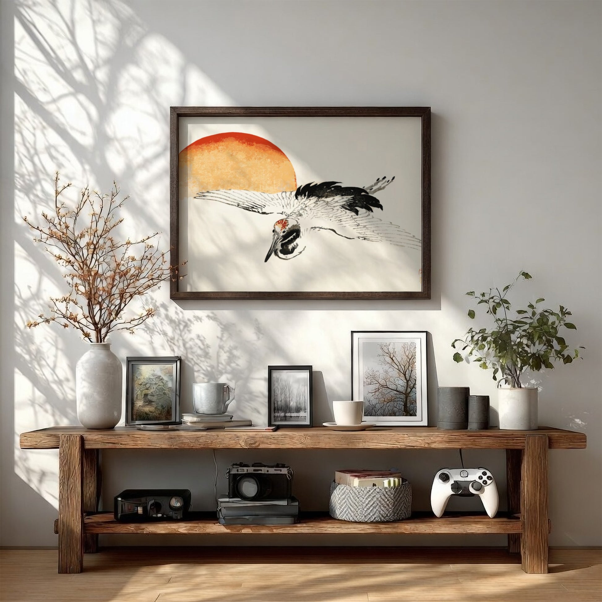 Framed print of a flying crane by Kōno Bairei, featuring Japanese ink art style, sunset, and vintage poster