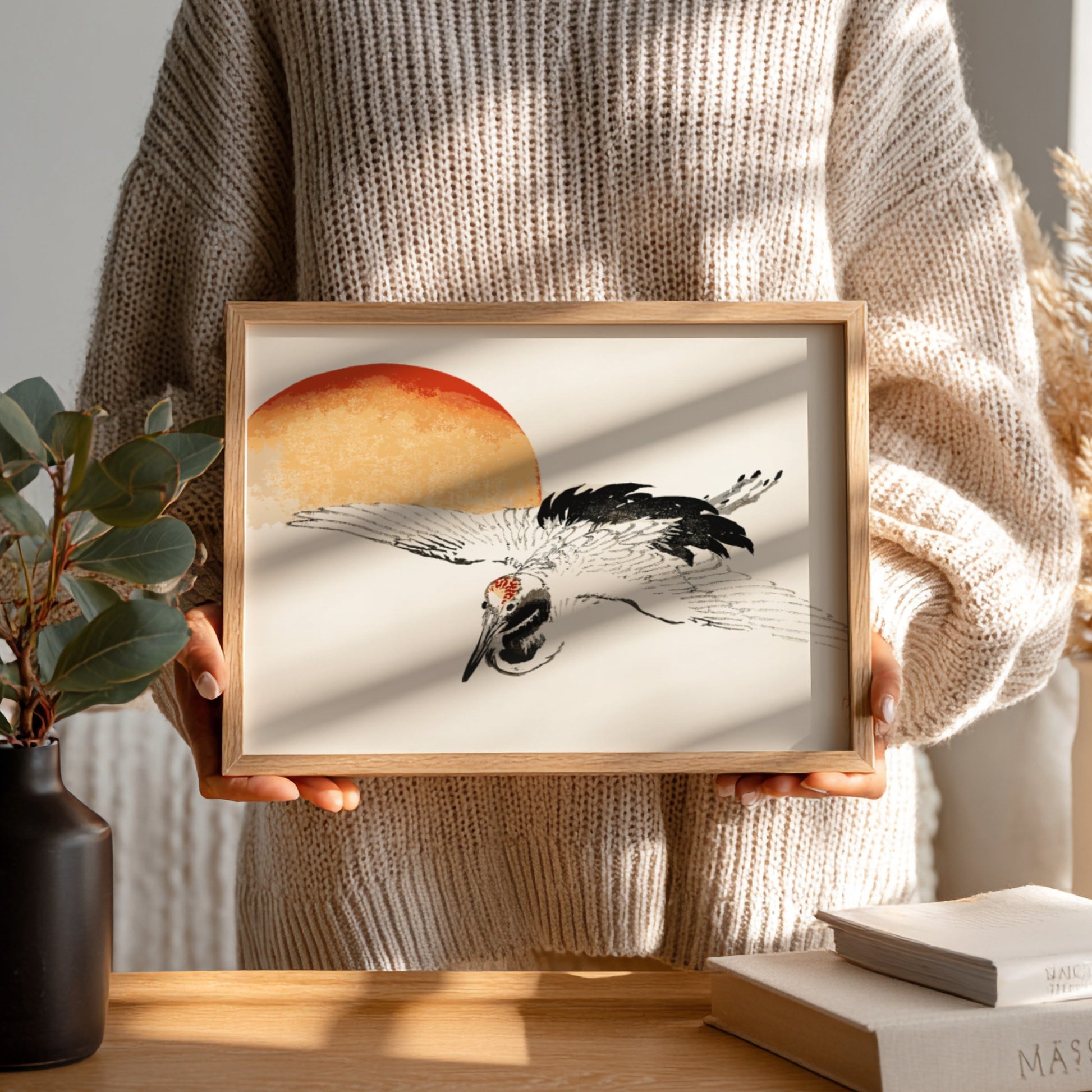 Framed print of a flying crane by Kōno Bairei, featuring Japanese ink art style, sunset, and vintage poster