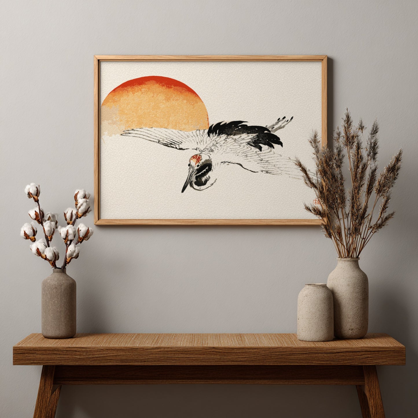 Framed print of a flying crane by Kōno Bairei, featuring Japanese ink art style, sunset, and vintage poster