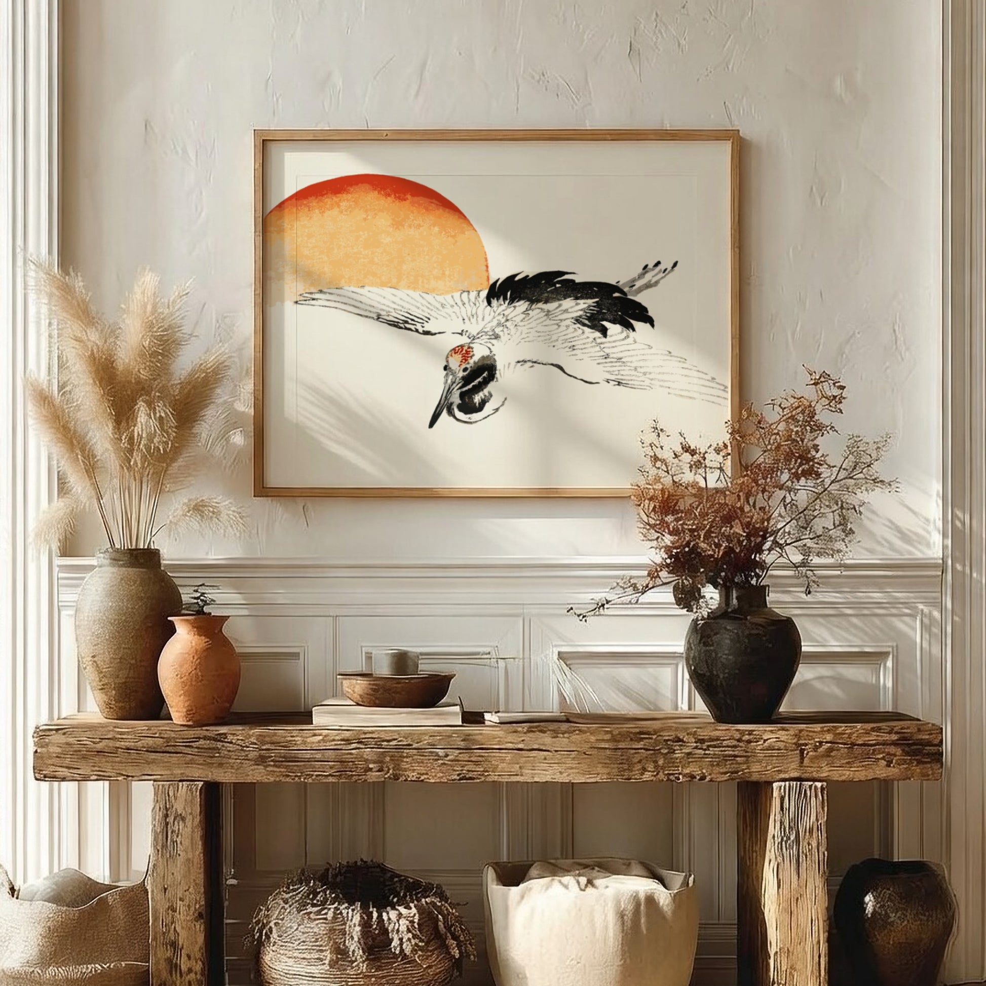 Framed print of a flying crane by Kōno Bairei, featuring Japanese ink art style, sunset, and vintage poster