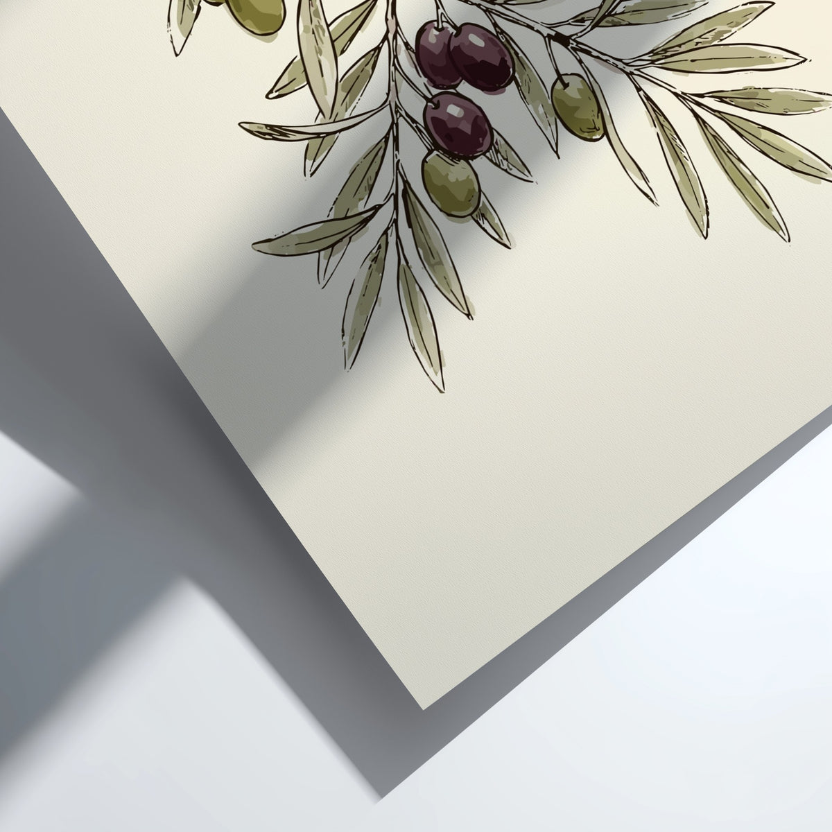 Poster featuring a detailed olive branch with green and dark purple olives on cream.