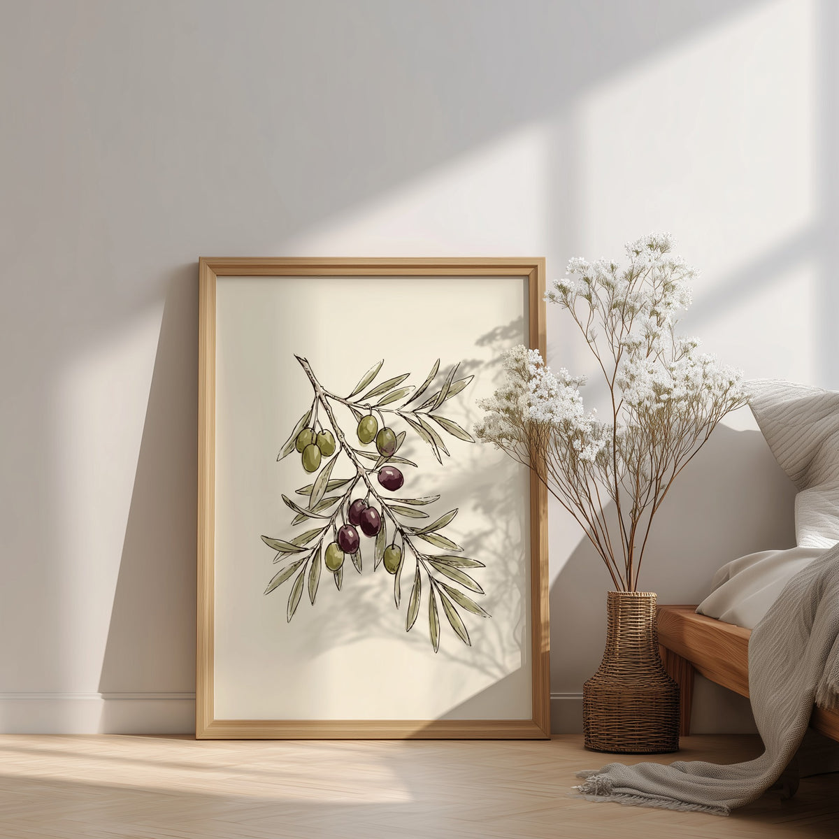 Poster featuring a detailed olive branch with green and dark purple olives on cream.