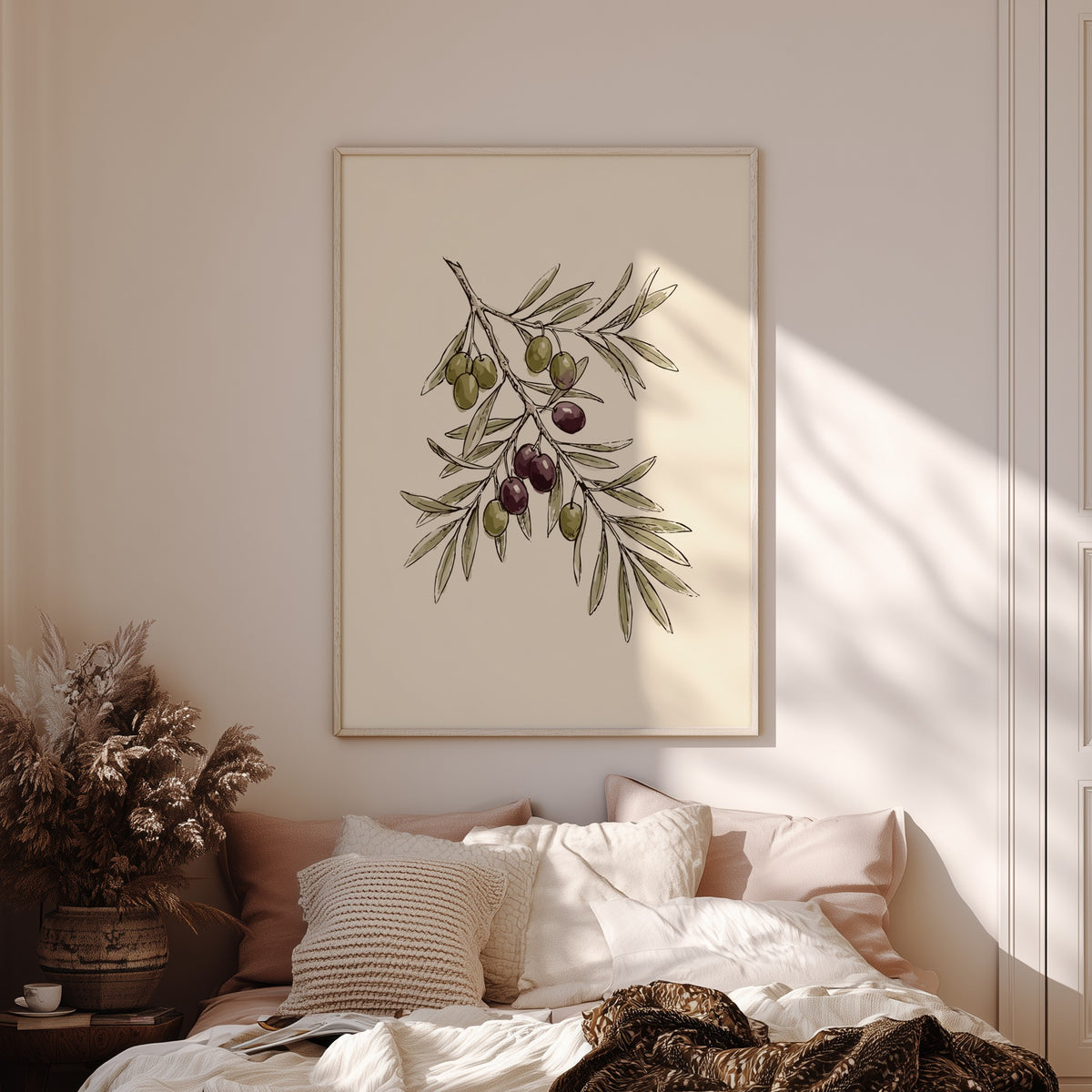 Poster featuring a detailed olive branch with green and dark purple olives on cream.