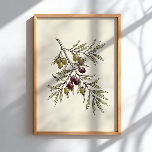 Poster featuring a detailed olive branch with green and dark purple olives on cream.