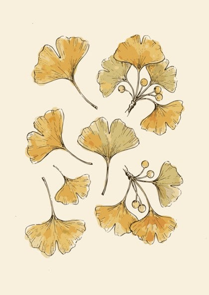 Poster featuring delicate golden ginkgo leaves and branches on a neutral cream background illustration.