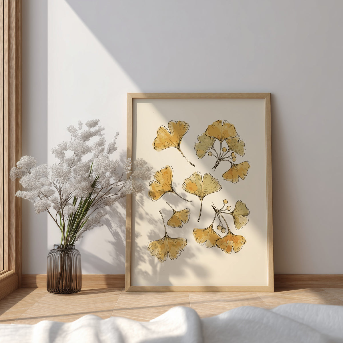 Poster featuring delicate golden ginkgo leaves and branches on a neutral cream background illustration.