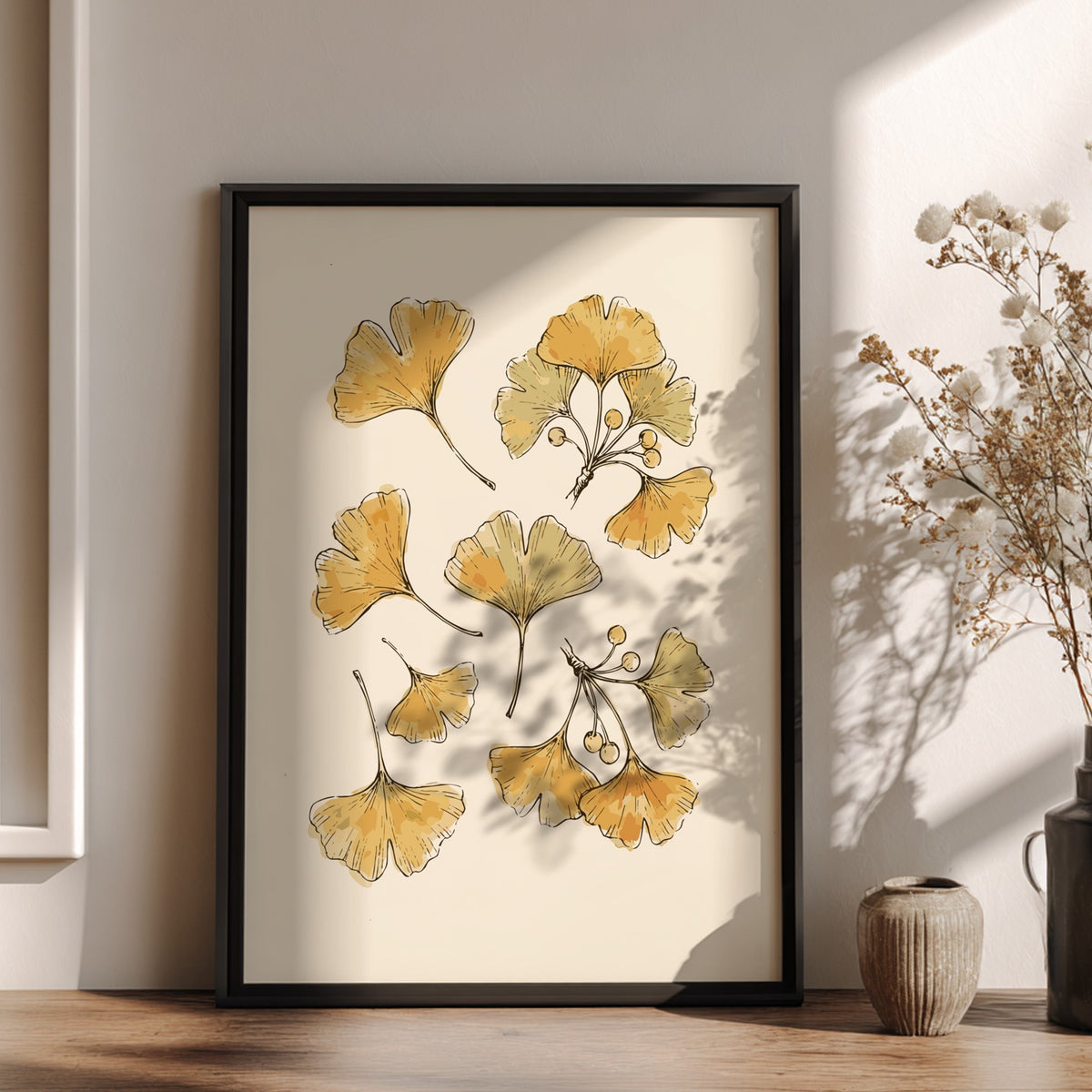 Poster featuring delicate golden ginkgo leaves and branches on a neutral cream background illustration.