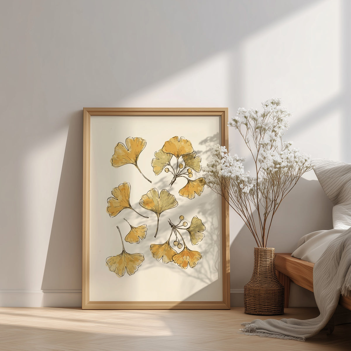 Poster featuring delicate golden ginkgo leaves and branches on a neutral cream background illustration.