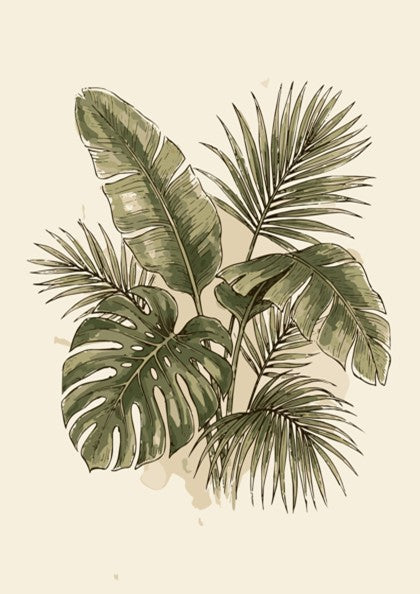 Tropical palm leaves and monstera foliage illustrated in deep green on cream background poster.