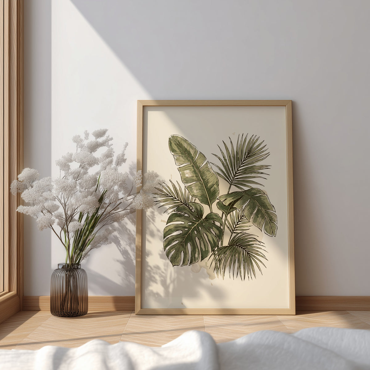 Tropical palm leaves and monstera foliage illustrated in deep green on cream background poster.
