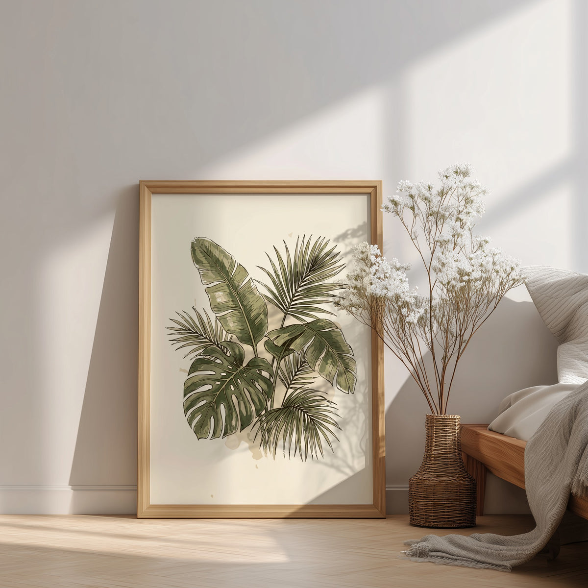 Tropical palm leaves and monstera foliage illustrated in deep green on cream background poster.