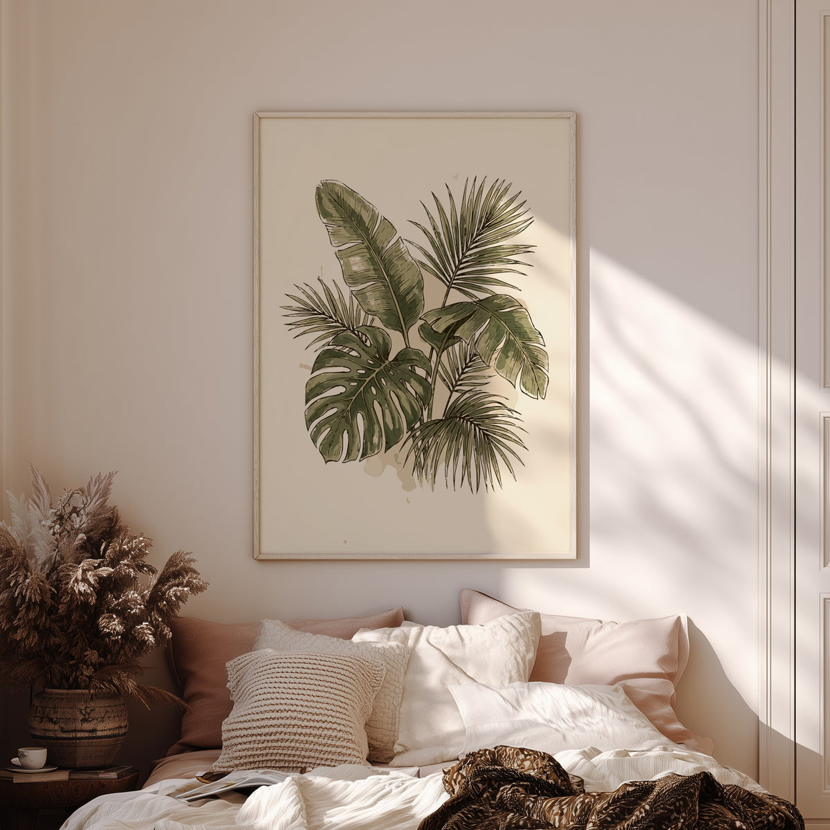 Tropical palm leaves and monstera foliage illustrated in deep green on cream background poster.