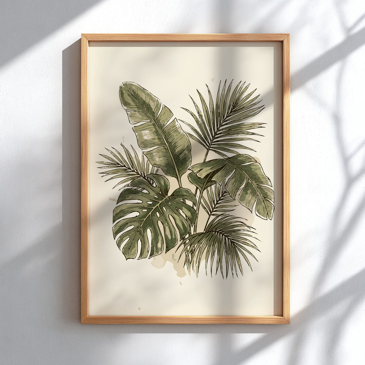 Tropical palm leaves and monstera foliage illustrated in deep green on cream background poster.