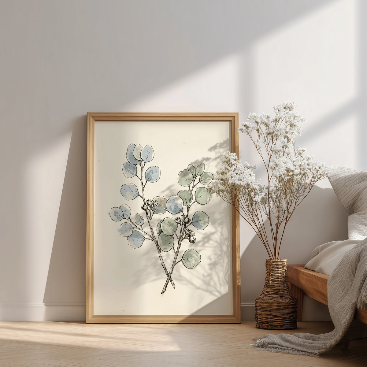 Eucalyptus botanical poster featuring soft sage and dusty blue leaves on cream background paper.