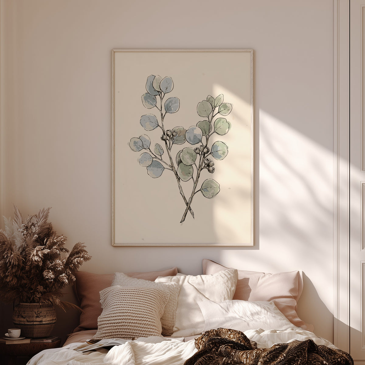 Eucalyptus botanical poster featuring soft sage and dusty blue leaves on cream background paper.