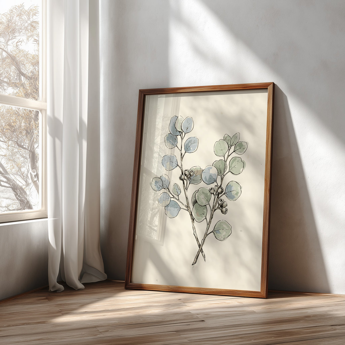 Eucalyptus botanical poster featuring soft sage and dusty blue leaves on cream background paper.