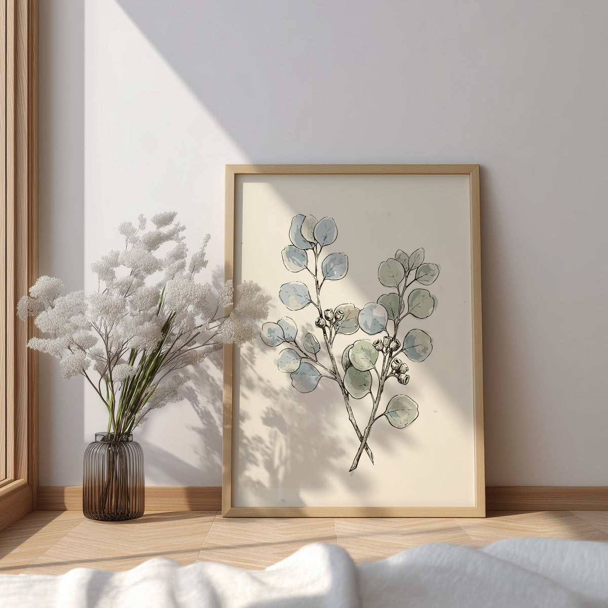 Eucalyptus botanical poster featuring soft sage and dusty blue leaves on cream background paper.
