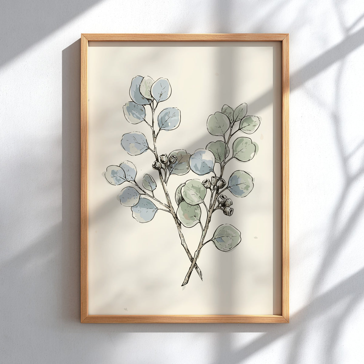 Eucalyptus botanical poster featuring soft sage and dusty blue leaves on cream background paper.