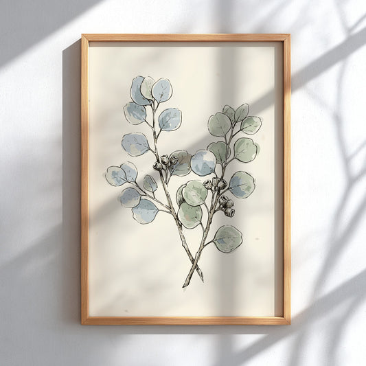 Eucalyptus botanical poster featuring soft sage and dusty blue leaves on cream background paper.