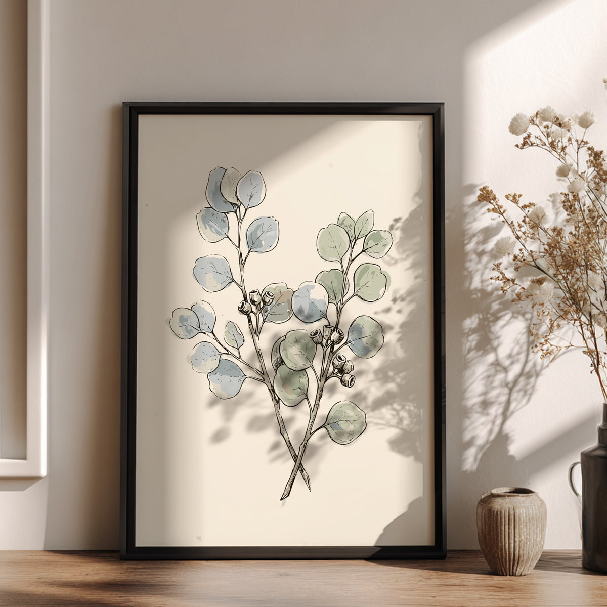 Eucalyptus botanical poster featuring soft sage and dusty blue leaves on cream background paper.