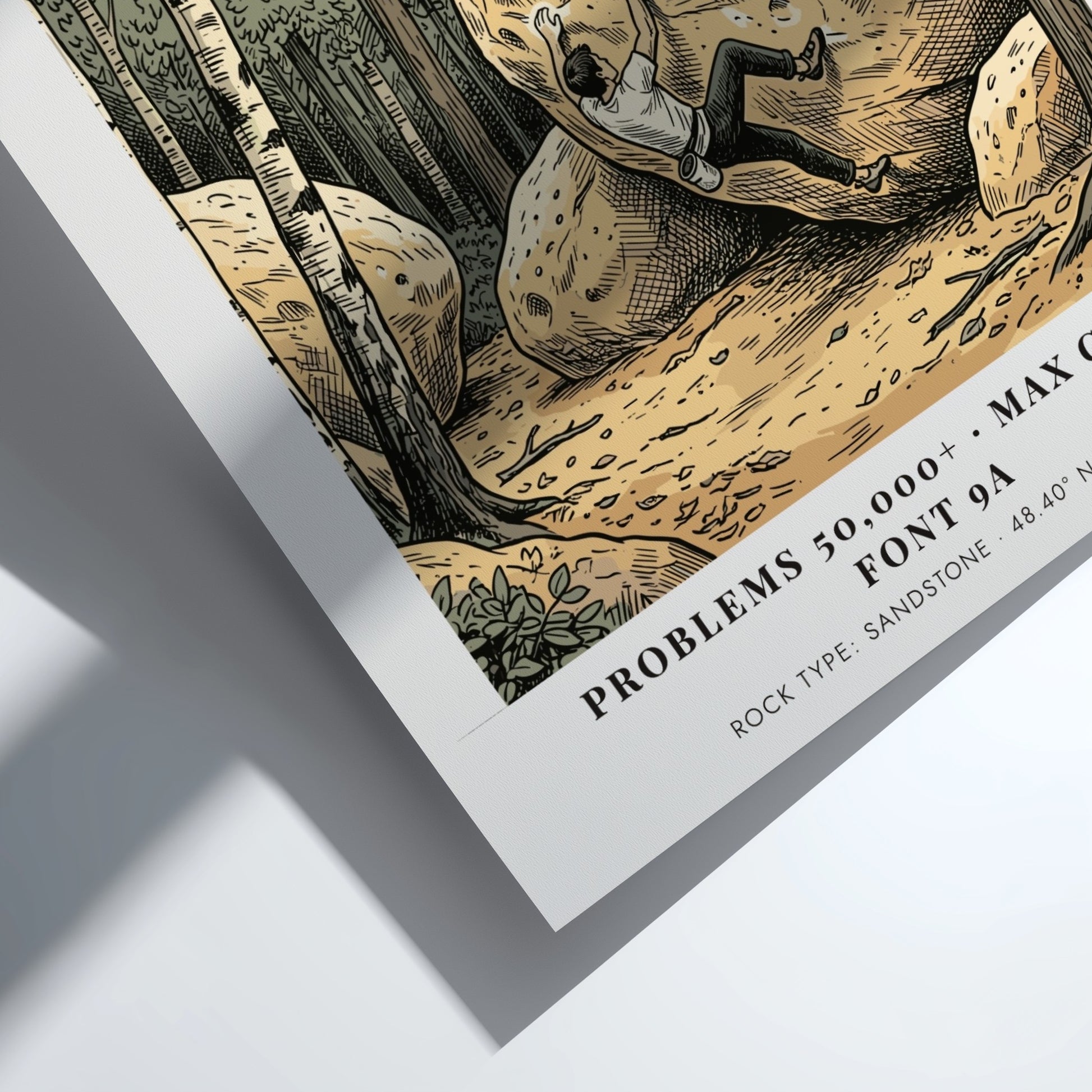 Poster featuring a climber scaling a sandstone boulder in a forest at Fontainebleau France.