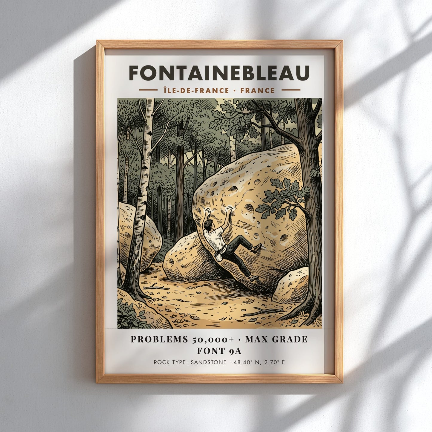 Poster featuring a climber scaling a sandstone boulder in a forest at Fontainebleau France.