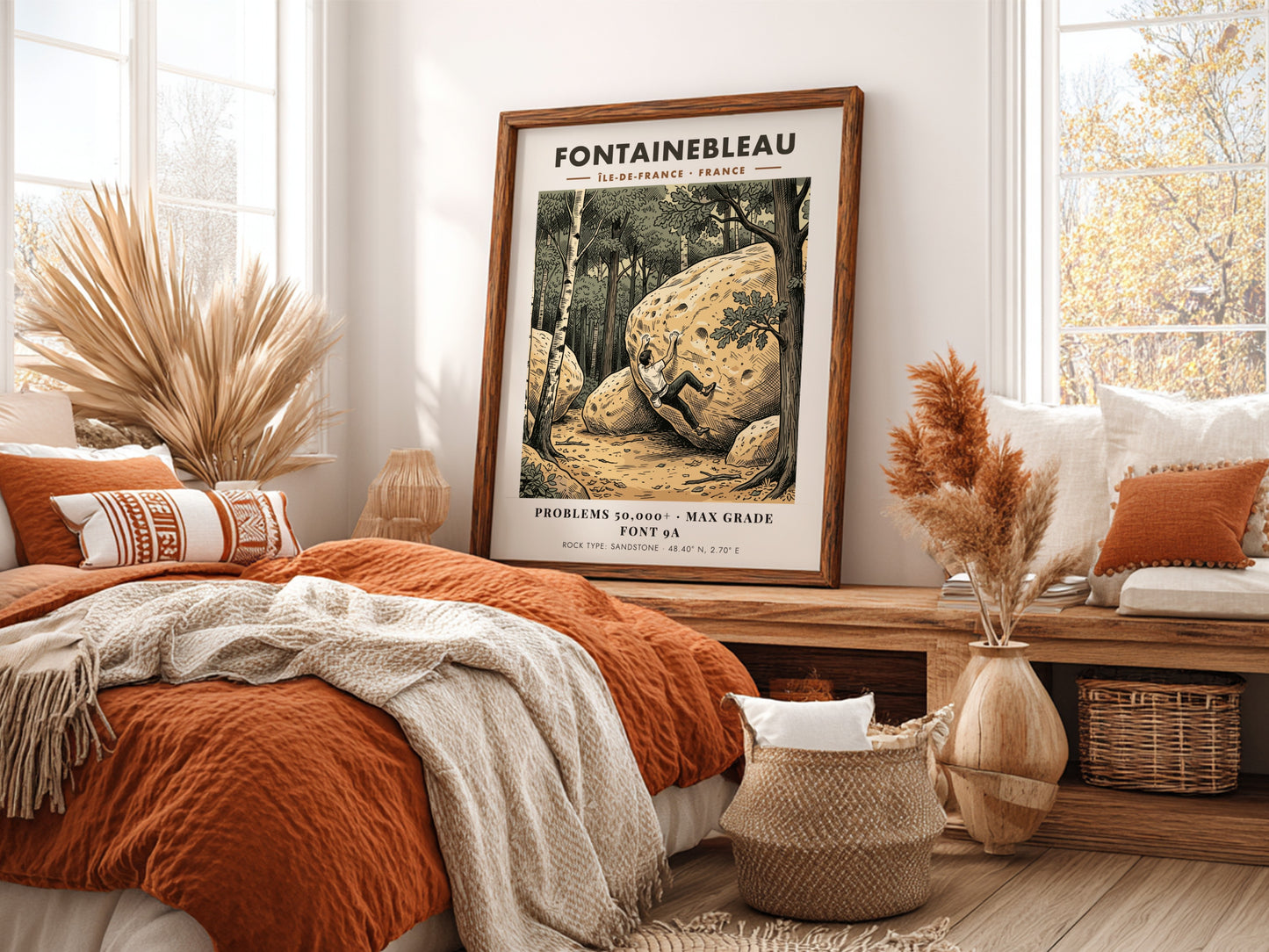 Poster featuring a climber scaling a sandstone boulder in a forest at Fontainebleau France.