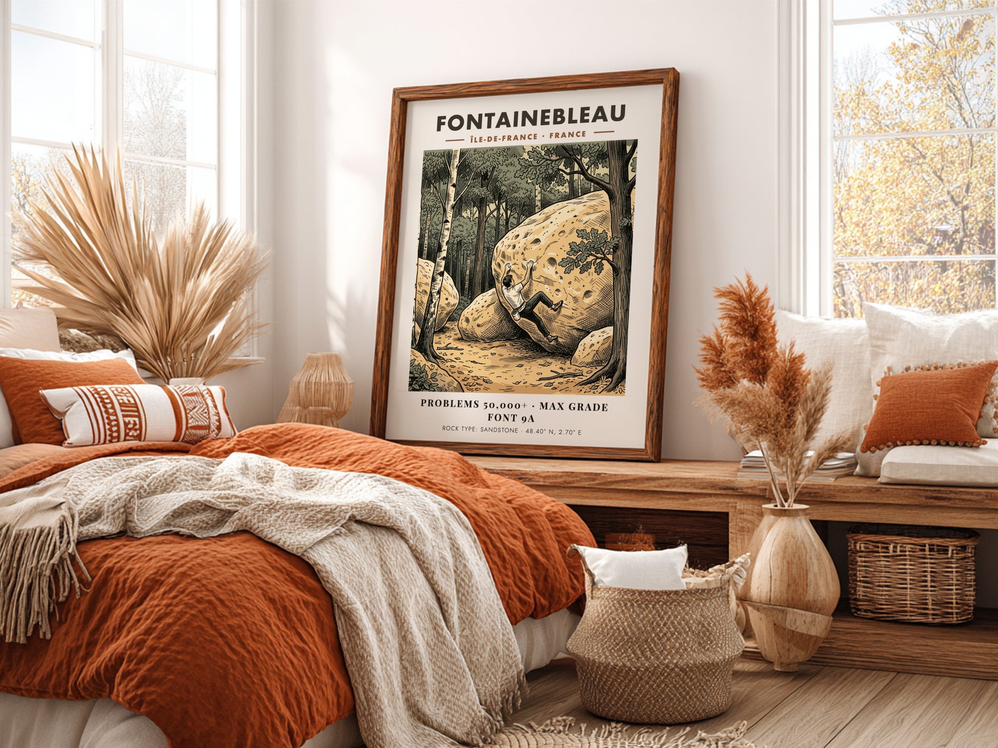 Poster featuring a climber scaling a sandstone boulder in a forest at Fontainebleau France.