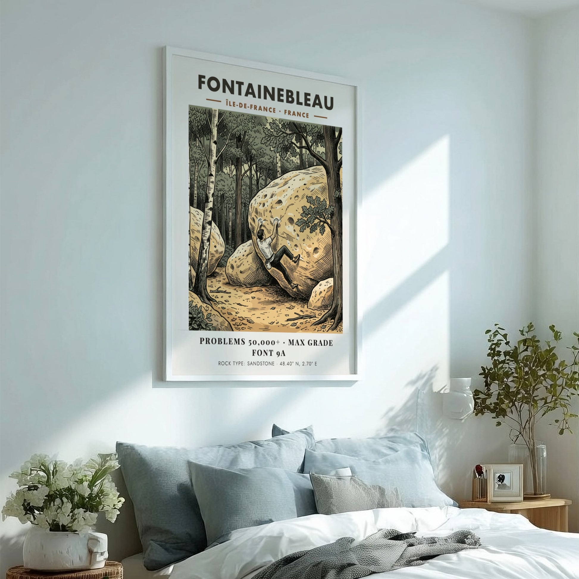 Poster featuring a climber scaling a sandstone boulder in a forest at Fontainebleau France.