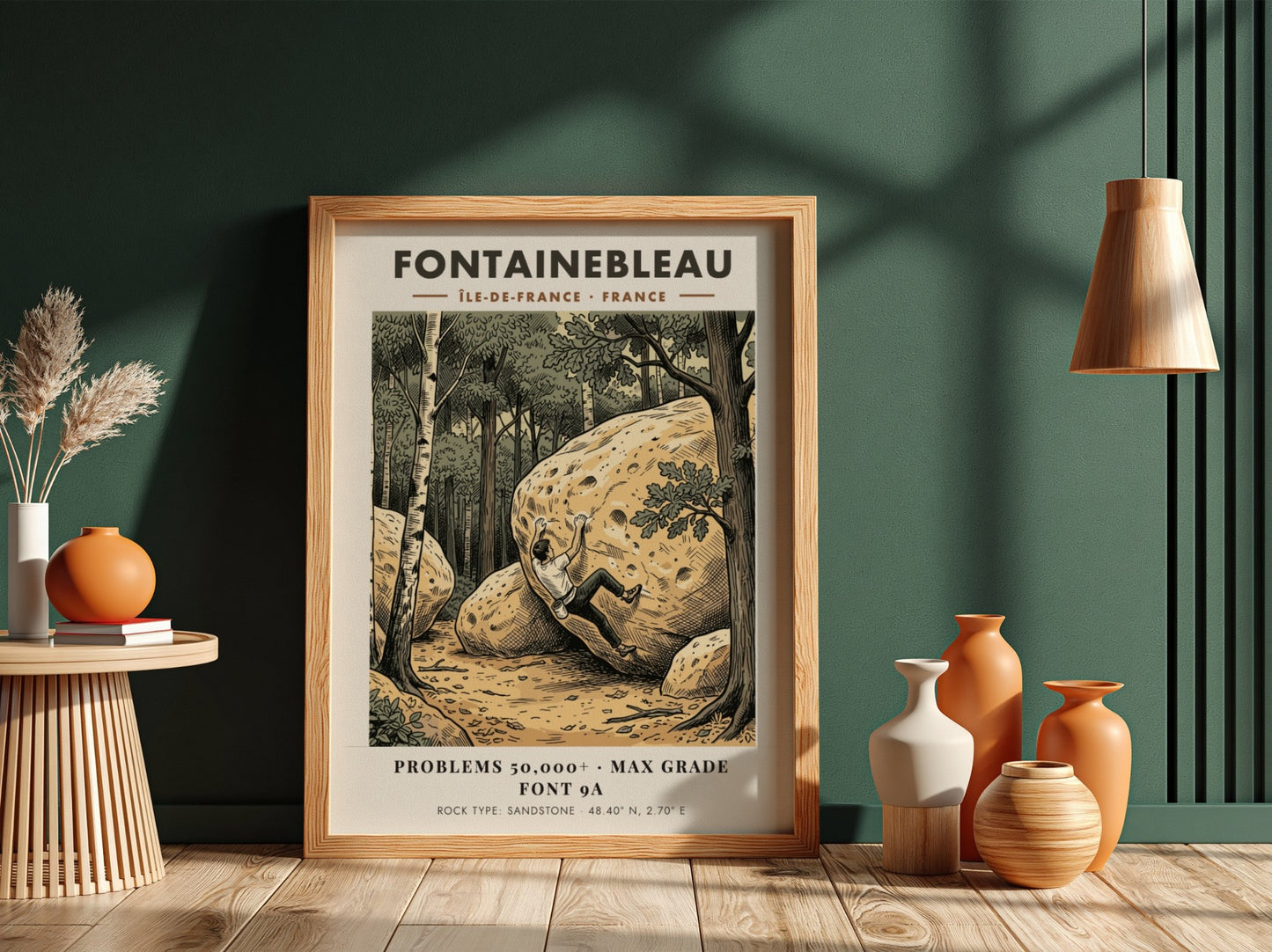 Poster featuring a climber scaling a sandstone boulder in a forest at Fontainebleau France.